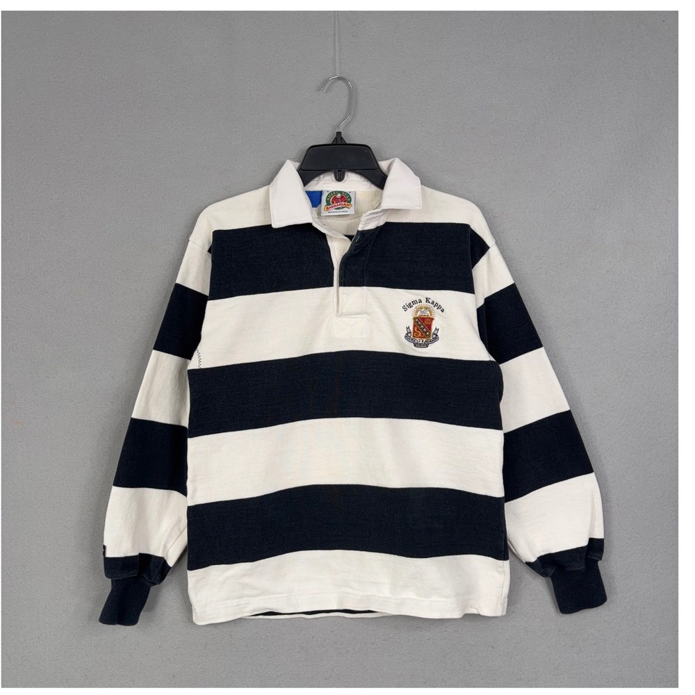 Vintage Barbarian Rugby Wear Shirt Mens Small Blue White Striped Sigma Kappa